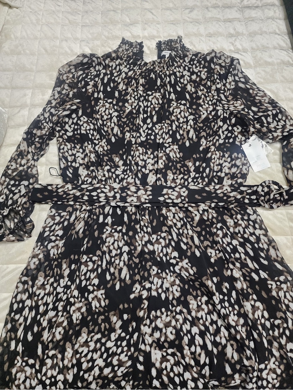 Nine West Black Brown and Cream Long Sleeve Printed Dress